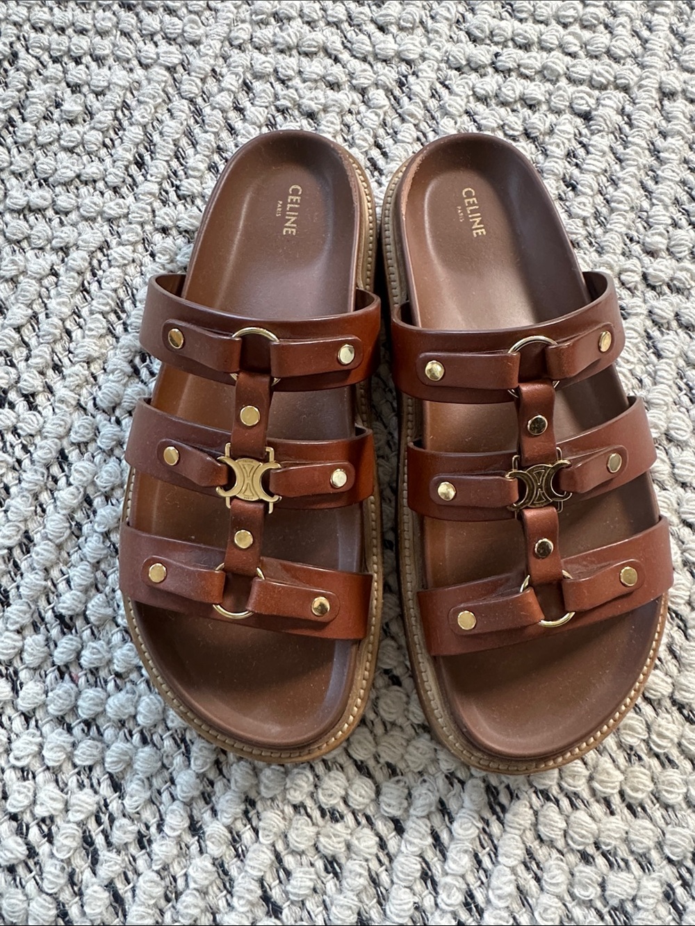 Celine Brown Leather Strappy Sandals with Gold Hardware